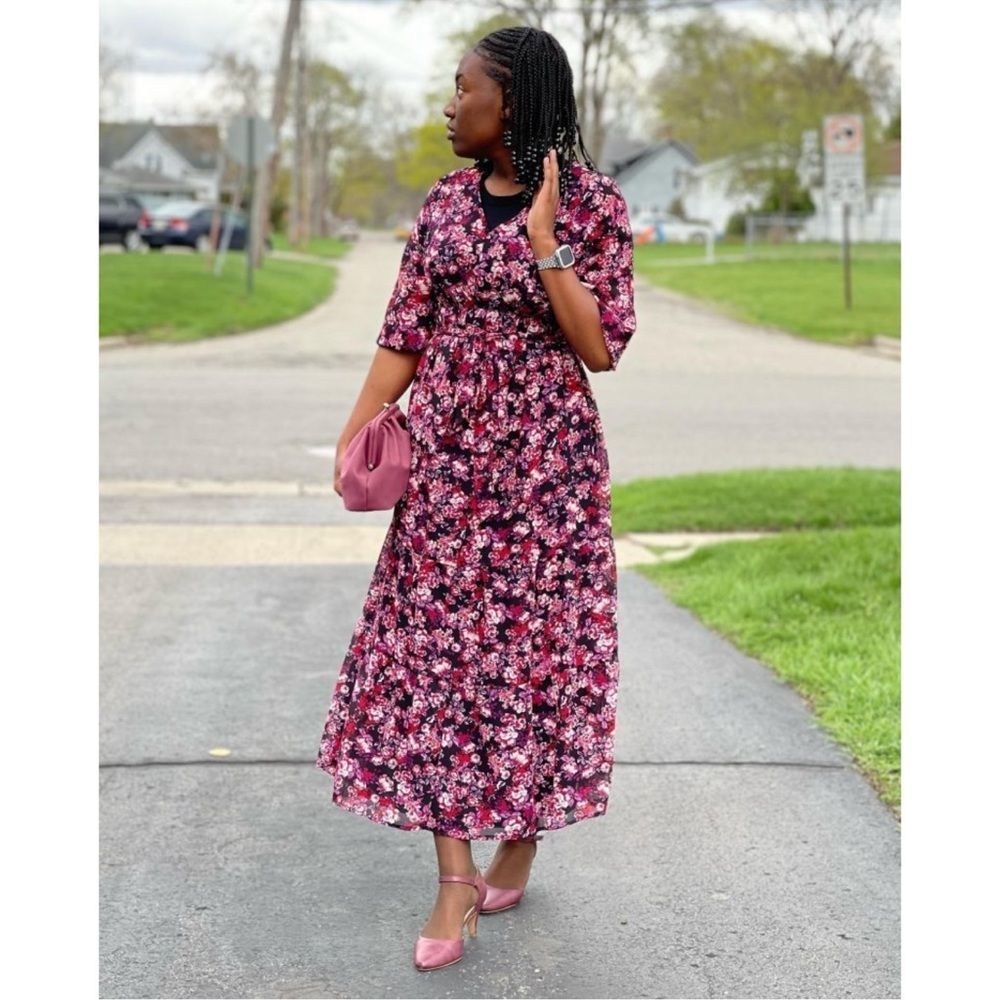 Ingrid Isabel Womens Maternity Dress Floral Midi Long Sleeve Ruffle Boho NWT - Picture 2 of 4